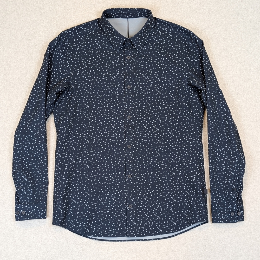Lululemon New Venture Shirt Men's Large Slim Fit Navy Blue Leaf Print Stretch